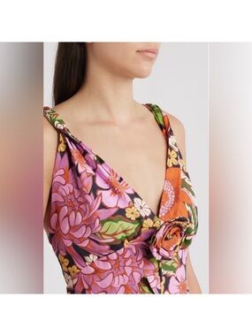 Farm Rio Vivi Rose - Medium New with Tag Floral V-Neck Dress with Rosette Accent